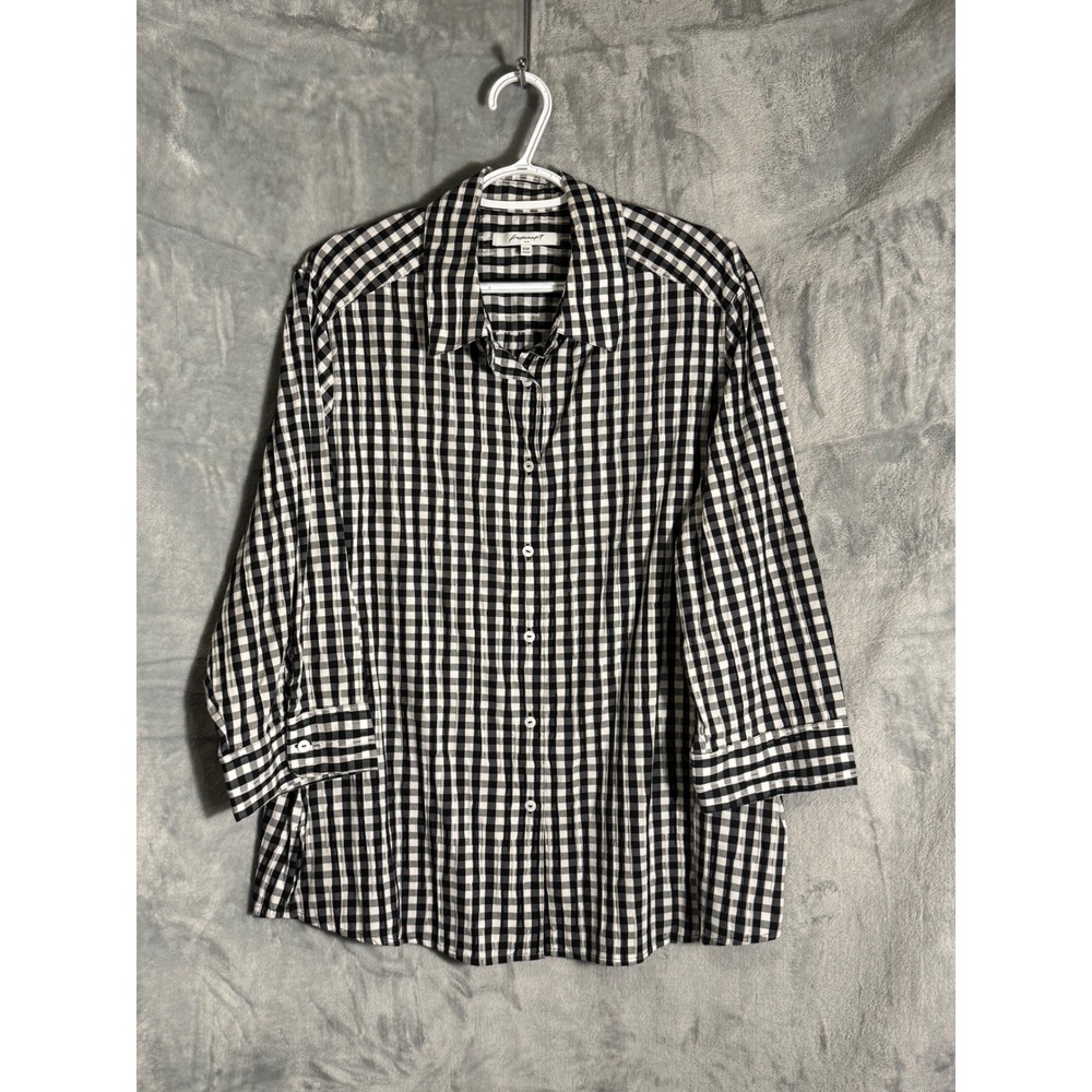 Foxcroft NYC Womens 18W Gingham Button Down Shirt Black White 3/4 Sleeve Shaped